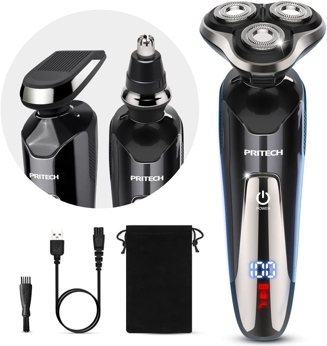 Electric Razor for Men - Waterproof Rechargeable Shaver with Nose Hair & Sideburn Trimmer | Cordless Wet/Dry Use