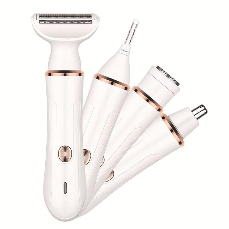 Electric Razor for Women, 4-in-1 Facial & Body Hair Trimmer with FACE, Nose, Eyebrow and Body Heads, USB-C Rechargeable, Wet/Dry Detachable Heads, Portable Grooming Set（White）