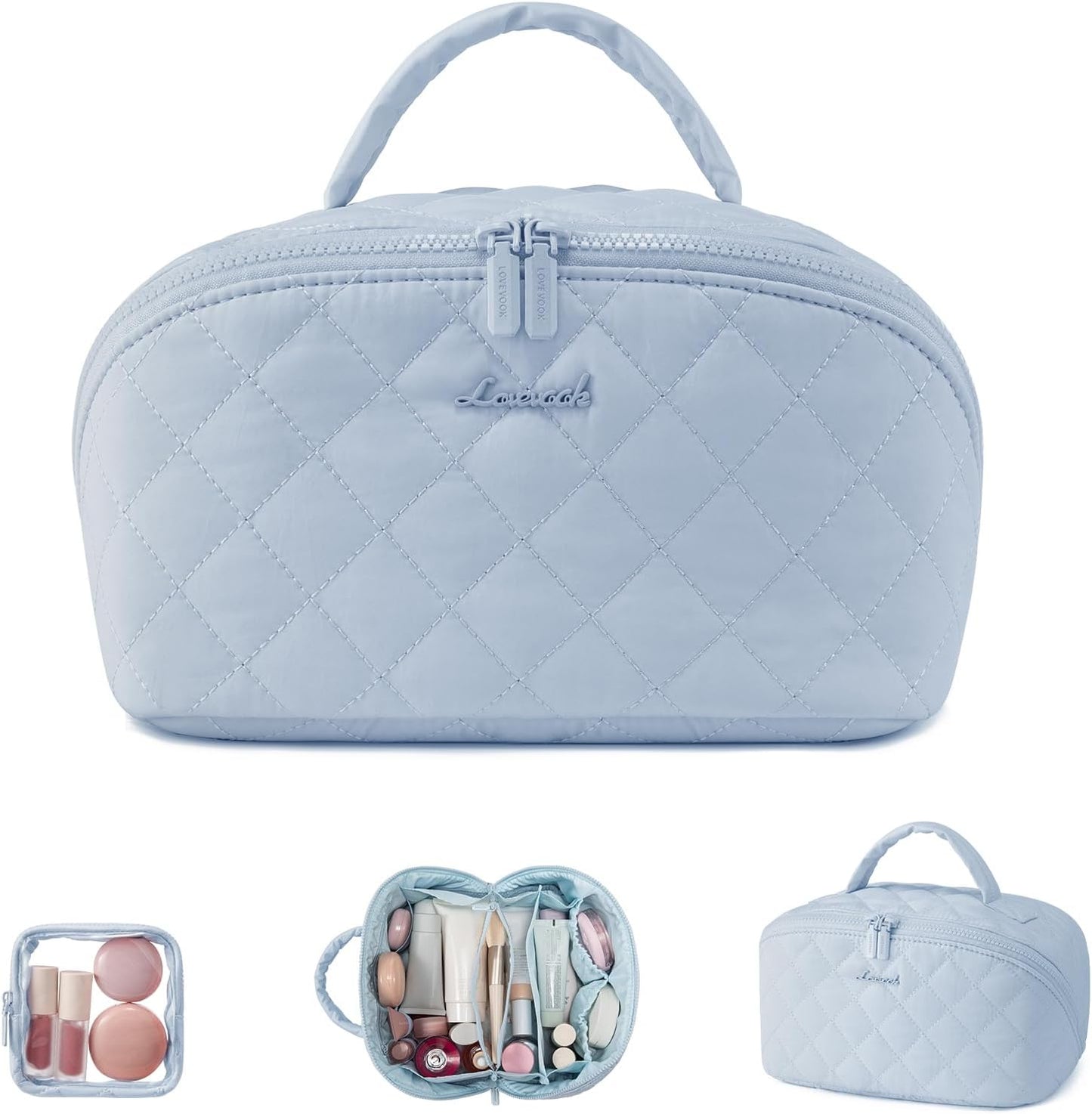 LOVEVOOK Travel Makeup Bag - Waterproof Cosmetic Organizer with Brush Compartment | Large Capacity Pouch in Pink, Medium
