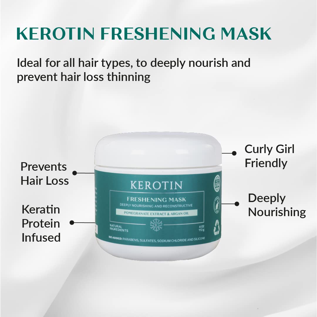 Keratin Freshening Mask - Natural Repair Treatment for Dry & Damaged Hair | Deep Conditioning with Argan Oil, Sulfate-Free, Curly Safe