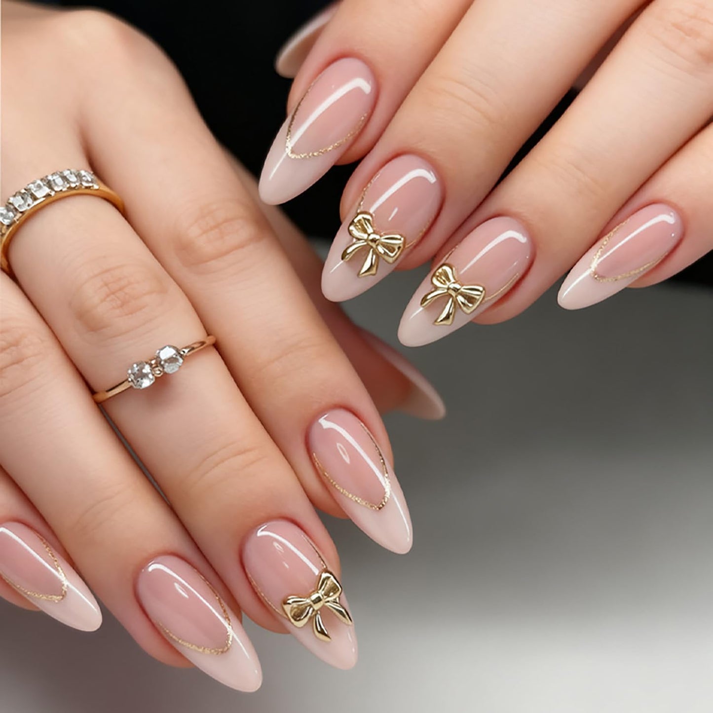 French Tip Press-On Nails - 24Pcs Short Square Design with 3D Flowers & Rhinestones | Glossy Natural Pink Full Cover
