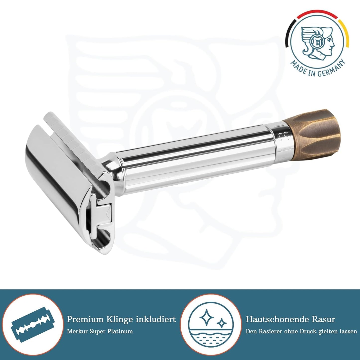 MERKUR Adjustable Safety Razor 500C - Antique, Shiny Chrome/Brass, Two-Piece Premium Razor with Straight Cut, Ideal for Wet Shaving, Die-Cast Zinc, Brass Handle, Made in Germany