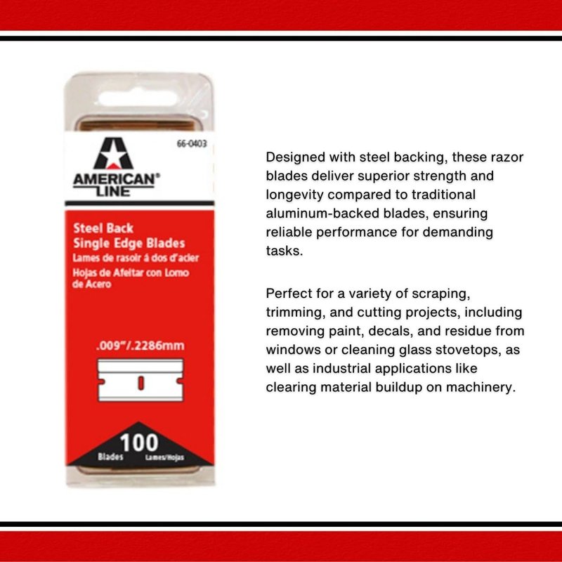 American Line Single Edge Razor Blades - 100-Pack - 0.009" Heavy Duty High Carbon Steel for Extra Durability and Long Life - 66-0403