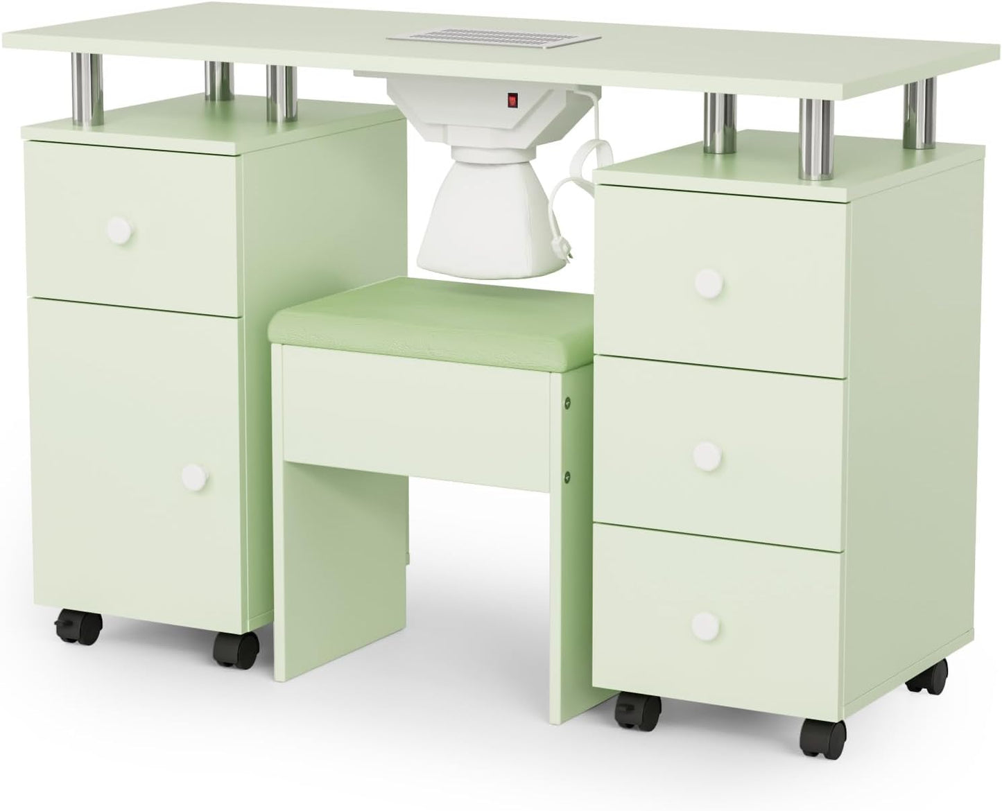 Nail Desk and Chair Set - Acetone Resistant Manicure Table with Dust Collector & Storage Drawers | White