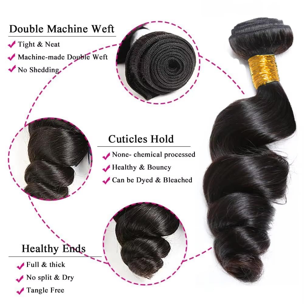 22 22 22 Inch Loose Wave Bundles Human Hair 3 Bundles 50 Gram Per Bundle #1B Natural Black Color Loose Deep Wave Bundle Unprocessed Brazilian Virgin Weave Hair Extensions