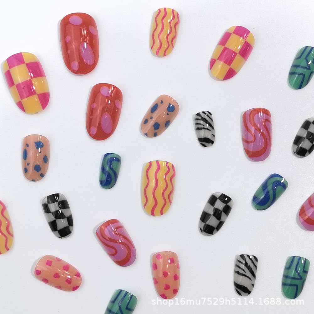 Colorful Press-On Nails - Almond Shaped Acrylic with Checkered Striped Design | 24 Pcs Summer Glossy Full Cover