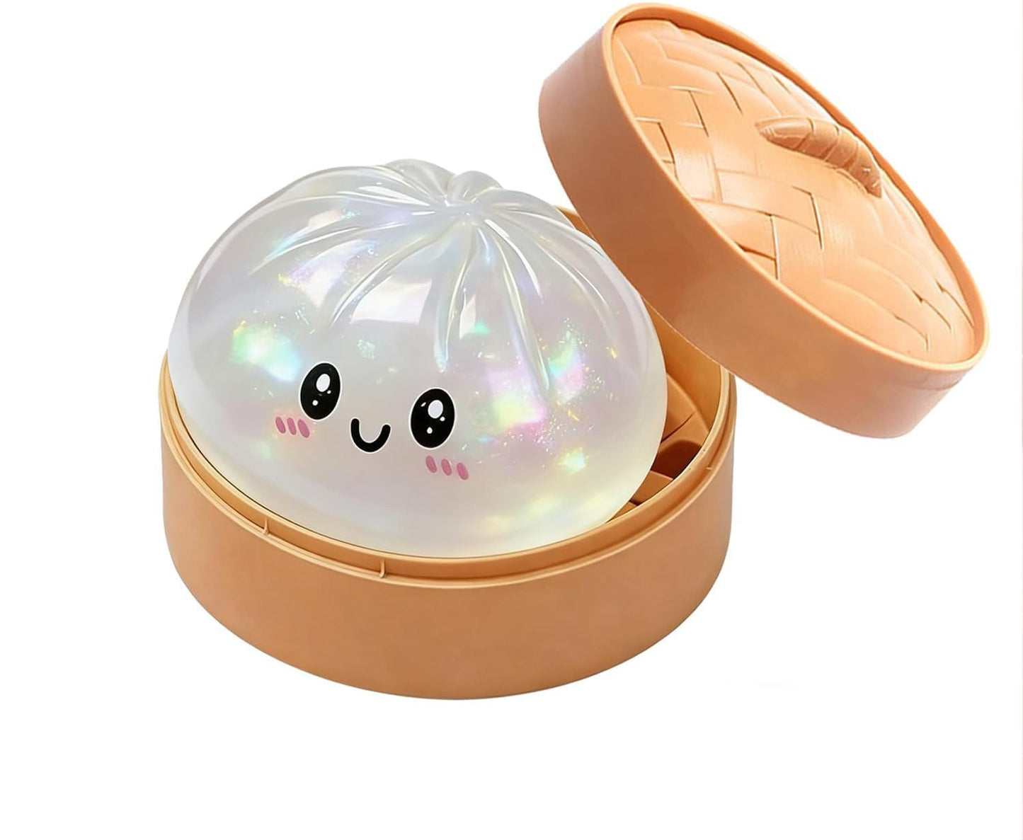 Glitter Dumpling Squishy, Colorful Dumpling Squishes Stress Balls with Steamer, Easter Gifts, Soft Squeeze Decompression Dough for Adults (White with Glitter)