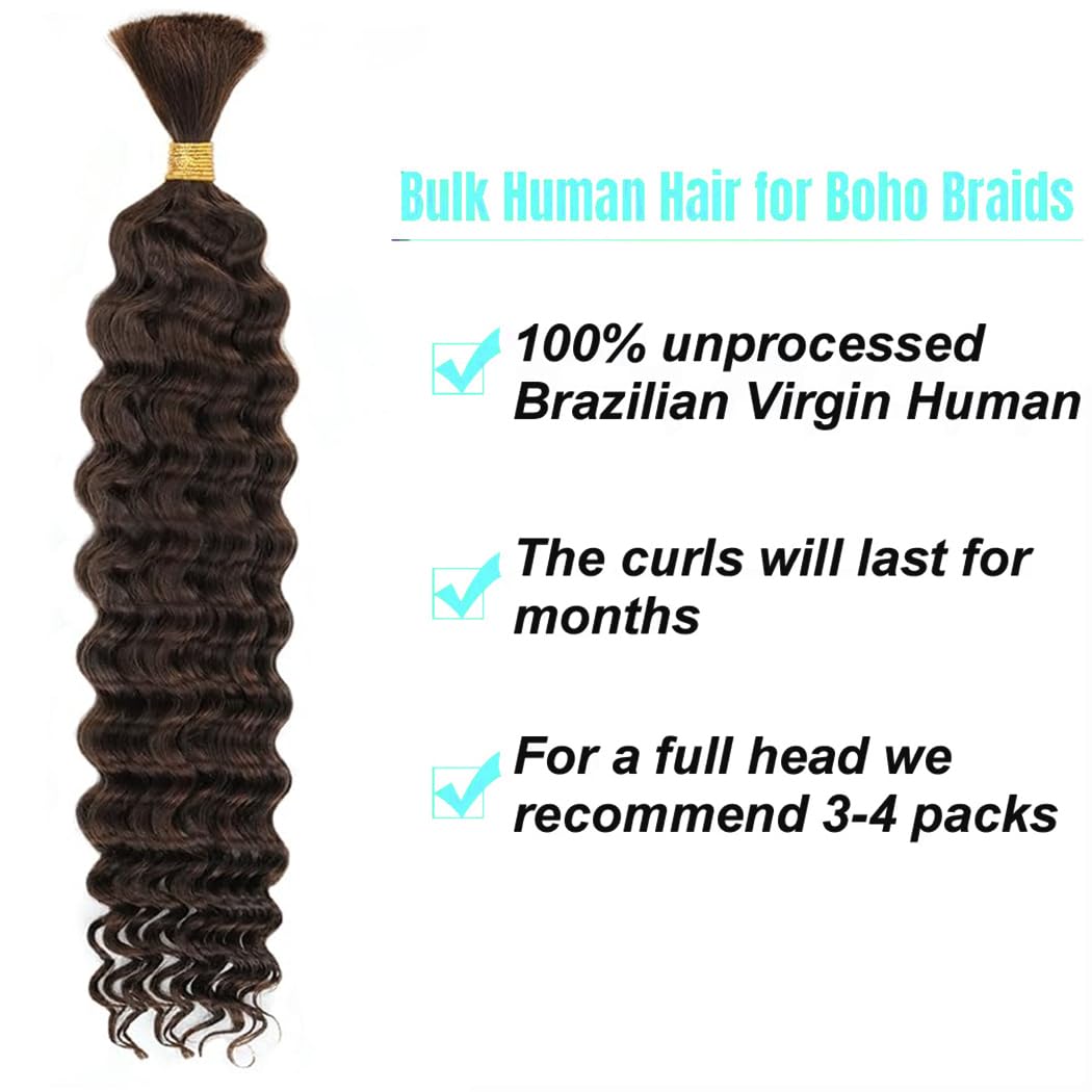 Human Braiding Hair for Boho Braids Human 55g 18 Inch Color 4 Deep Wave Boho Bulk Human Hair for Braiding 12A Deep Wave Bulk Bohemian Chocolate Brown