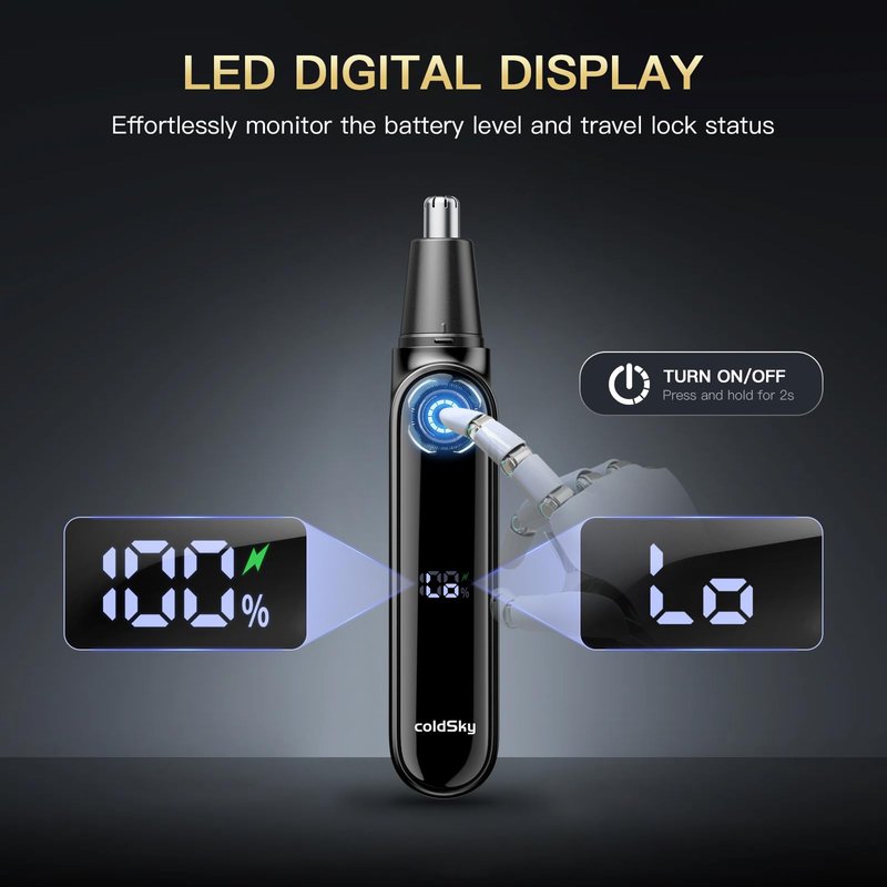 coldSky Ear & Nose Hair Trimmer with LED Display for Men Women - Professional Painless Eyebrow & Facial & Nose Hair Trimmer, USB Rechargeable, Dual-Edge Blades for Smoother Cutting Black