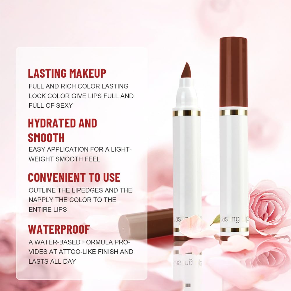 Warm Brown Dual-Tip Liquid Lip Liner Pen - Waterproof Matte Finish for Full Coverage & Precision Lining | Long-Lasting Makeup Tool