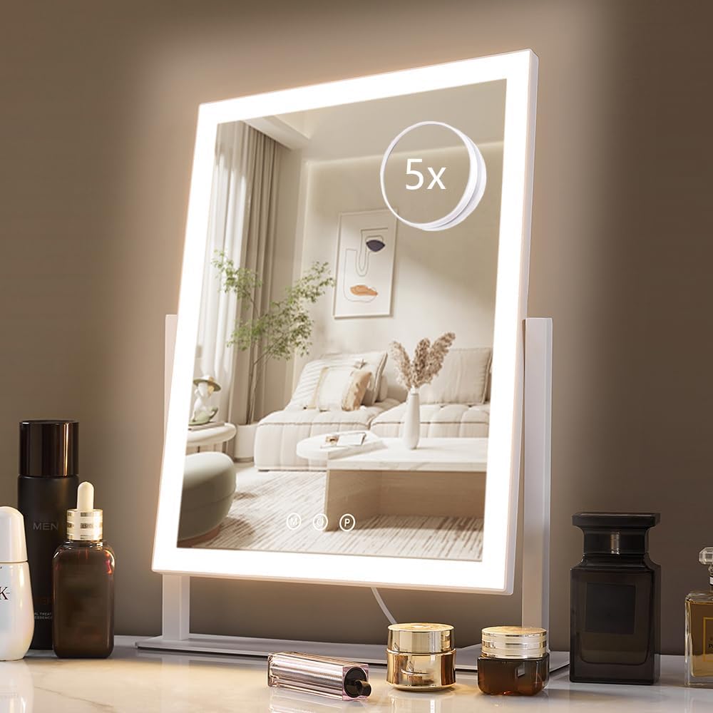 Lighted Makeup Mirror - 17.3" x 13" Hollywood Vanity Mirror with 3 Color Modes & 5X Magnification | Smart Touch Control, 360° Rotation (White)