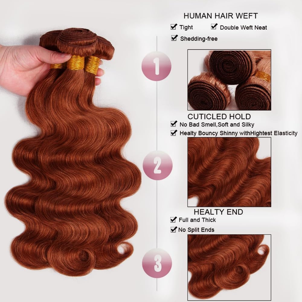 Copper Bundles Human Hair Color #33 Body Wave Bundle Unprocessed Virgin Remy Hair 3 Bundles 12 14 16 Inch Reddish Brown Bundle Hair Extensions