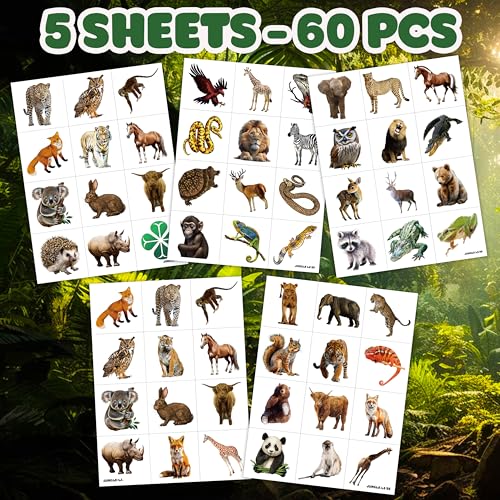 60 PCS Jungle Animal Temporary Tattoos for Kids - Non-Toxic Party Favors