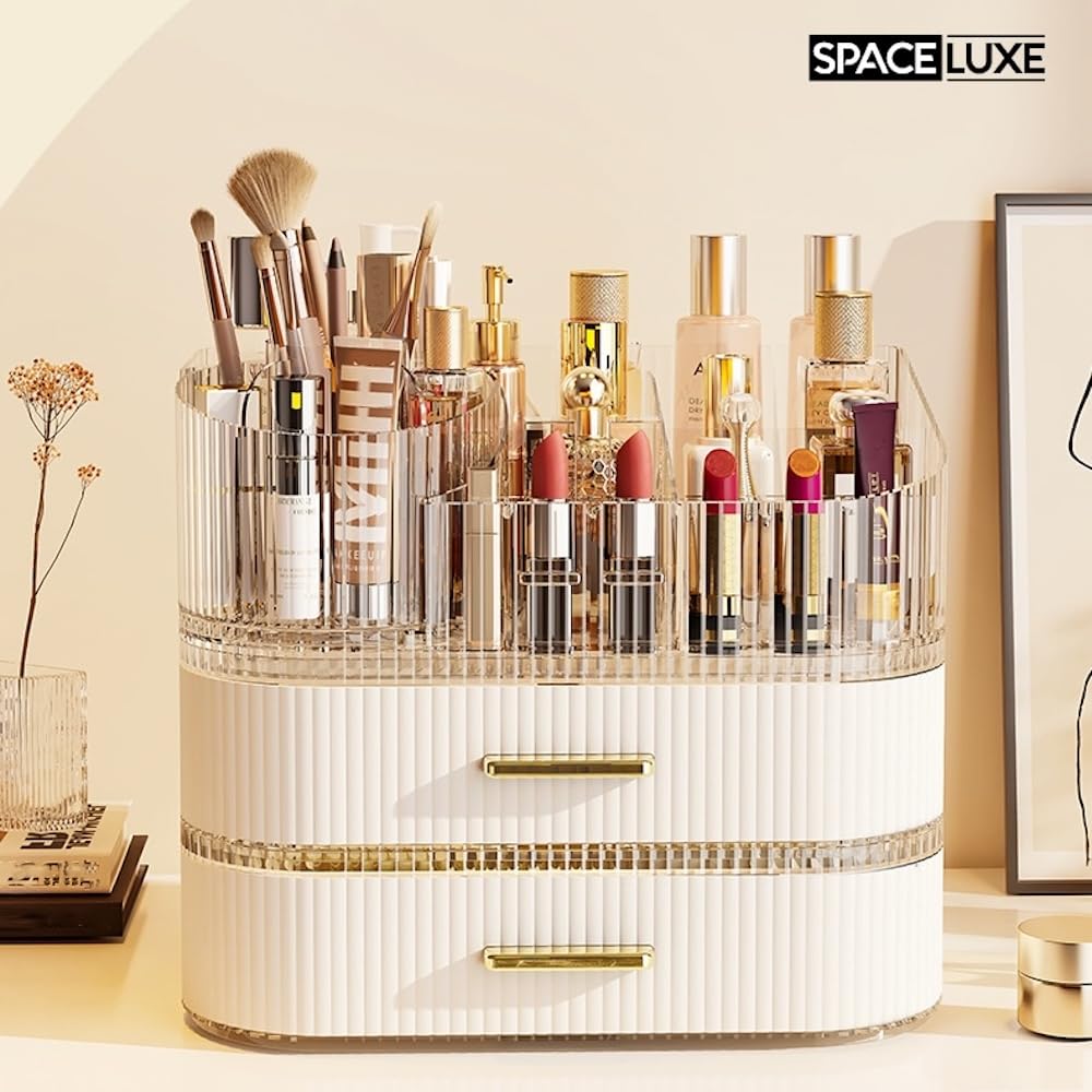 SpaceLuxe Makeup Organizer with Drawers and 360° Rotating Brush Holder, Large Capacity Cosmetic Storage for Vanity, Skincare, Perfume, Hair Accessories, Lipstick & Jewelry (Cream White, 3-layer)