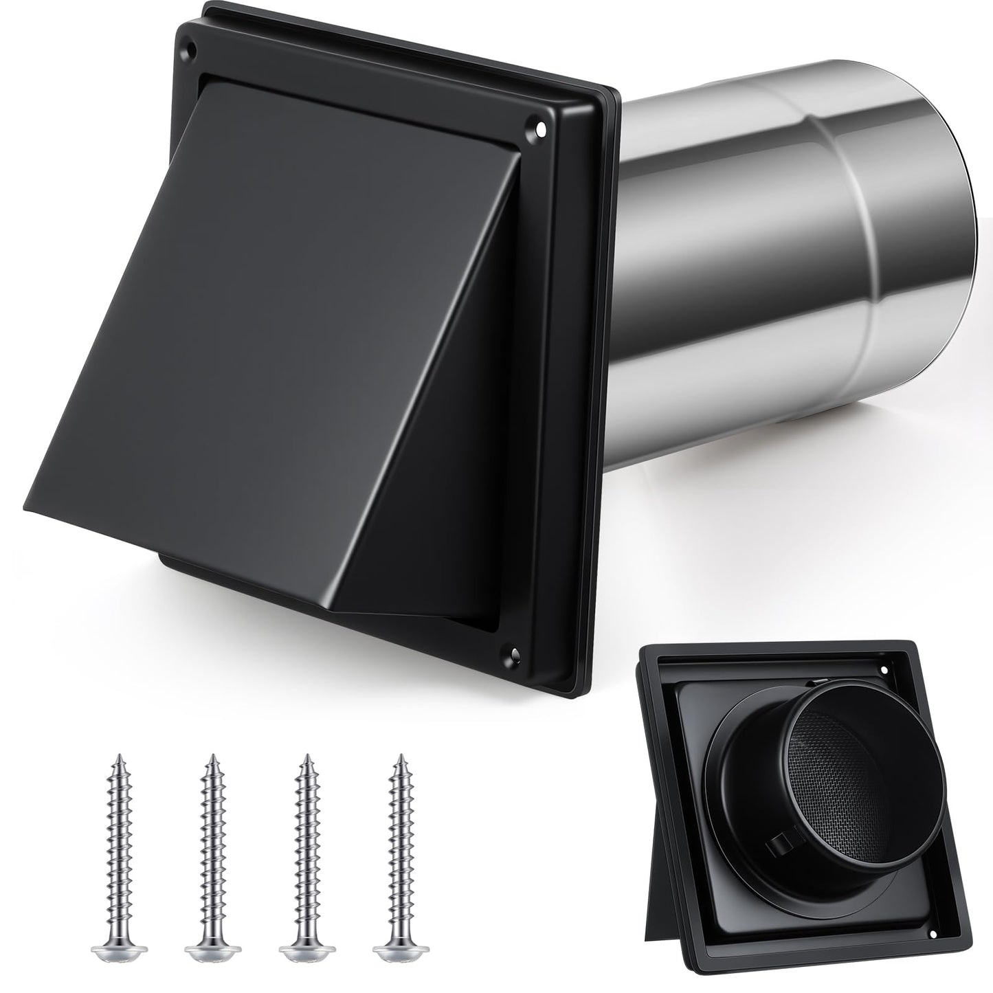Gisafai 4" Dryer Vent Cover Outside with Stainless Steel Guard Wall Dryer Exhaust Cap and Removable Extended Pipe Vent Shroud Hood Cushioned Non Return Flap with Sealing Gasket Grille(Black)