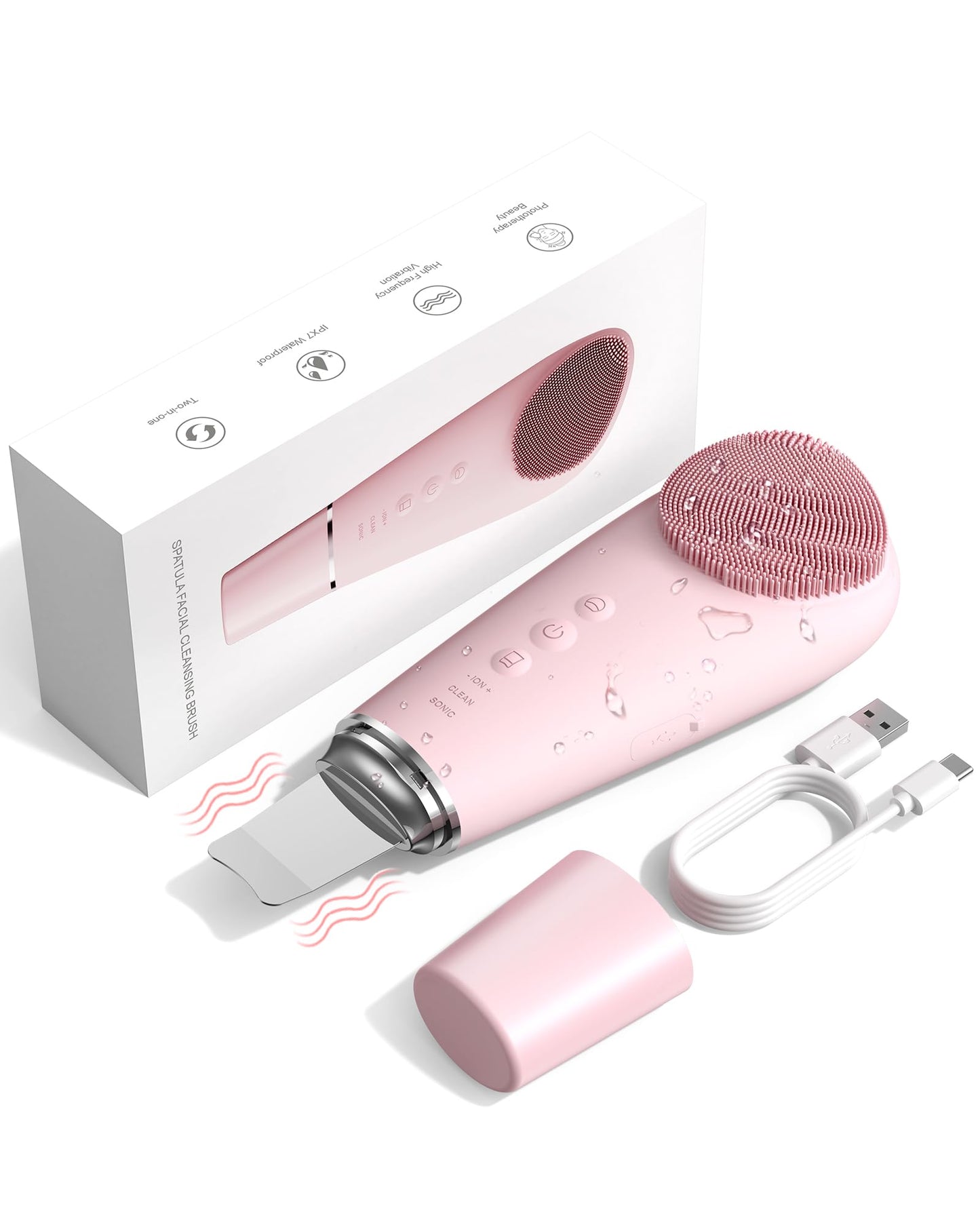 Facial Cleansing Brush, 2 in 1 Firming Massager Facial Skin Scrubber Waterproof Face Scrub for Deep Cleansing Vibrating Exfoliator Scrubber Skin Care with 7 Modes, Gentle Exfoliating - Pink