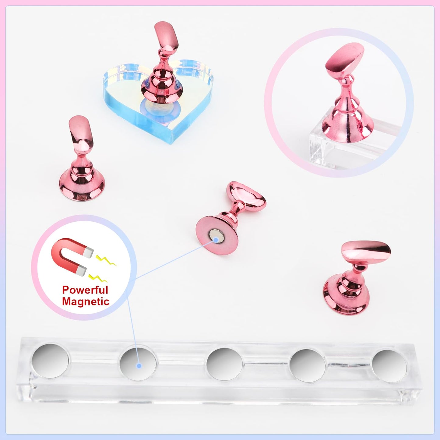 Nail Stand Acrylic Nail Art Display Stand 2 Sets Magnetic Nail Tips Practice Holder Stand DIY Display Stands for False Nail Tip Manicure Tool (Pink)