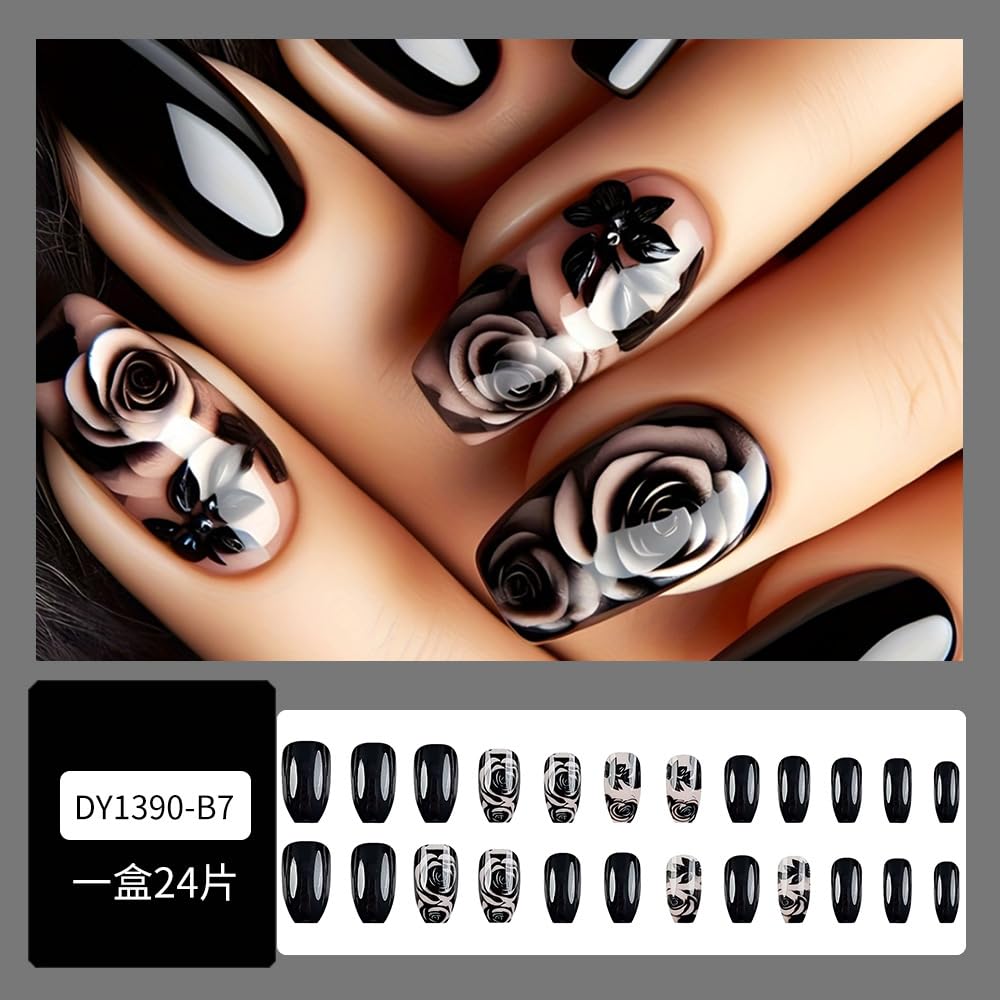 Coffin Shaped Press On Nails - Black Rose Gradient Design | Glossy Acrylic, 24 Pcs