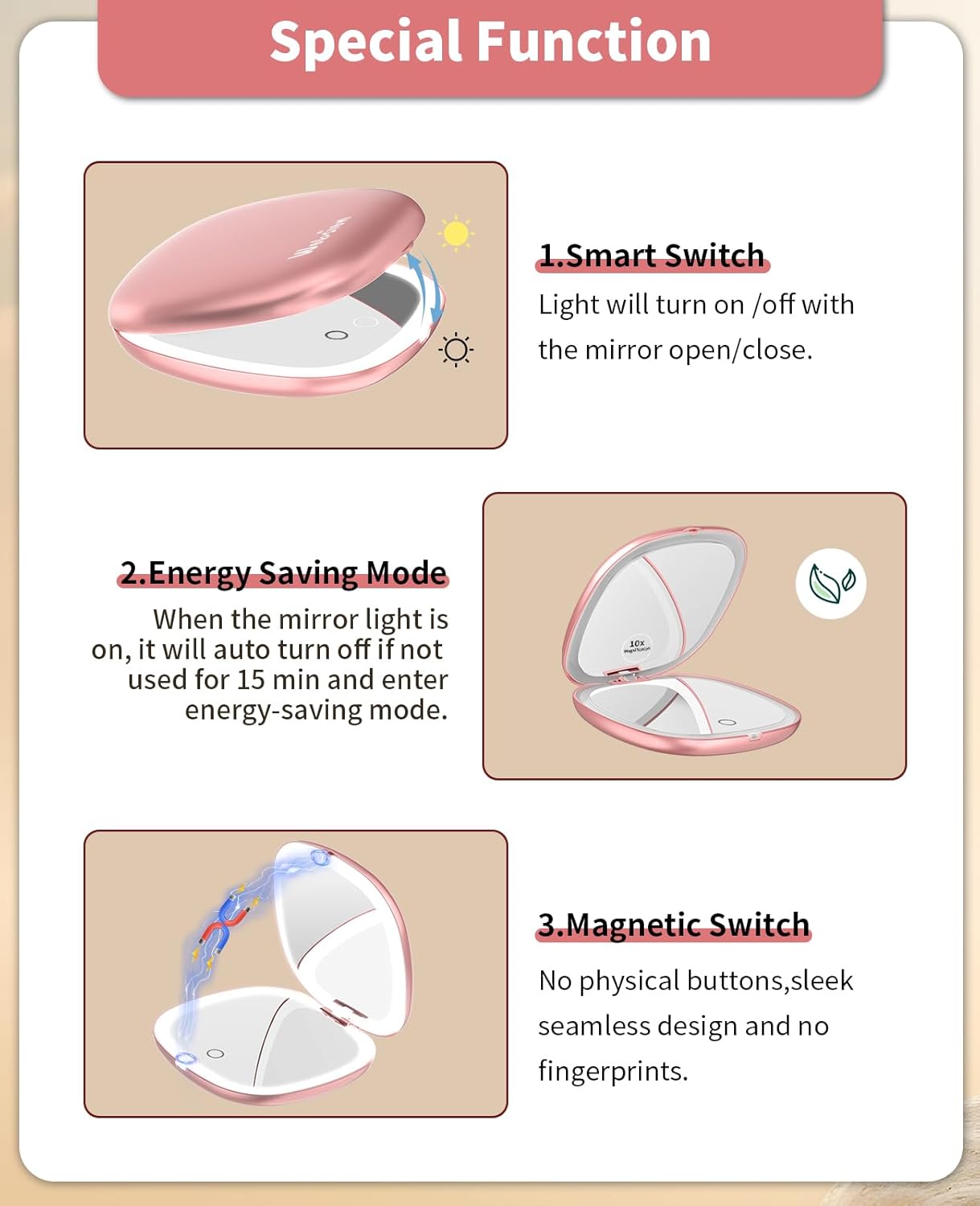 Rechargeable Lighted Travel Makeup Mirror - 1x/10x Compact Magnifying | Portable 4-Inch Rose Gold