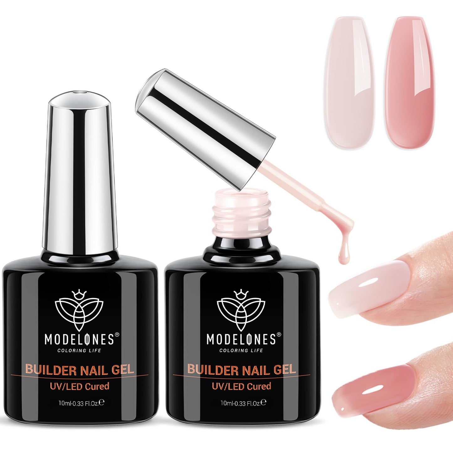 Modelones Builder Rubber Gel Base Coat - Nude Pink Glitter Nail Polish for Strengthening and Apex Building | Long-Lasting UV Manicure