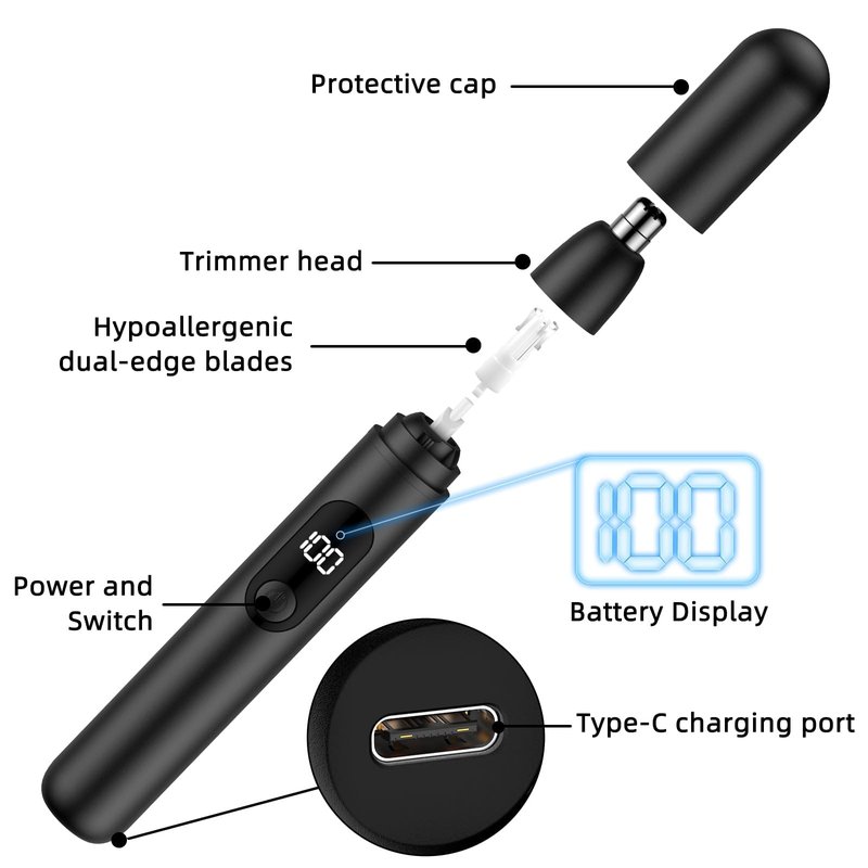 Smity Nose Hair Trimmer, Rechargeable Cordless Painless Ear Eyebrow Trimming Tool Dual Edge Blades Razor Easy Cleansing with LED Light for Man Woman (Gray)