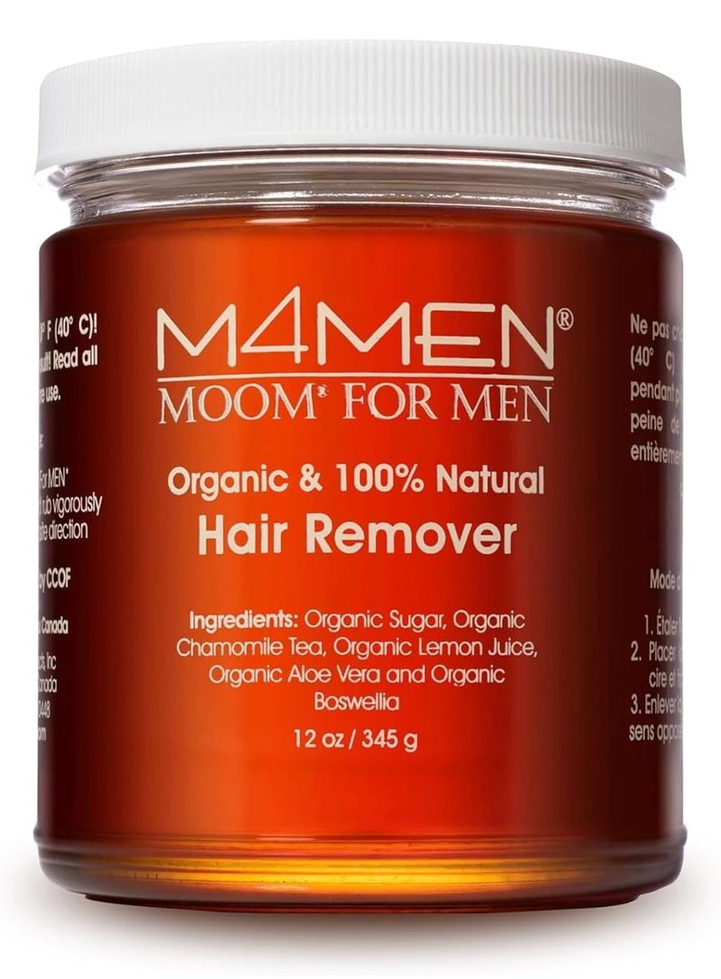 MOOM Organic Sugar Wax Men Hair Removal Kit with 12 oz Sugar wax with 48 Reusable Wax Strips for Face, Chest, Back & Legs - Natural Waxing Kit for Men, Soft Wax Alternative - (Sticks not Included)