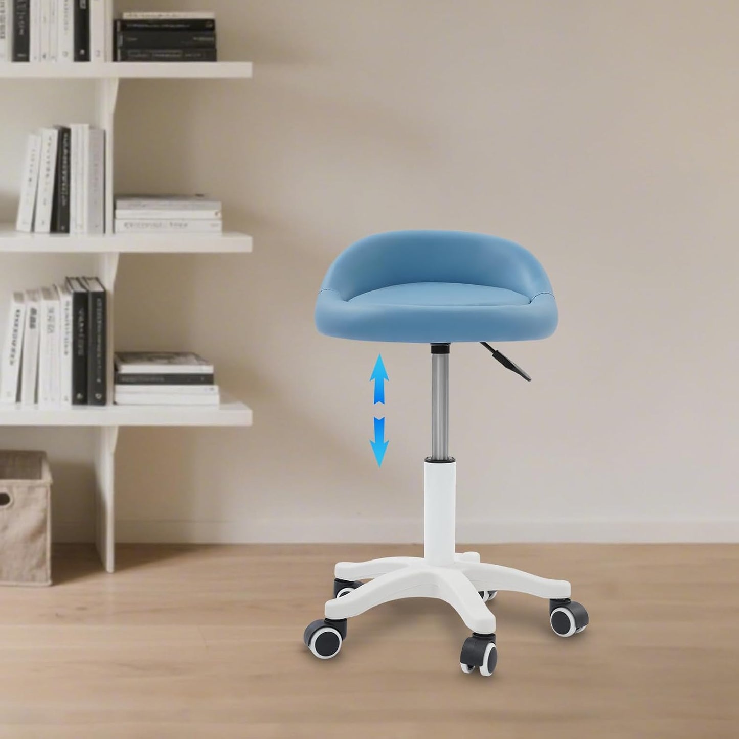 Adjustable Rolling Stool Chair - Round PU Leather Swivel Salon Stool with Backrest | Blue