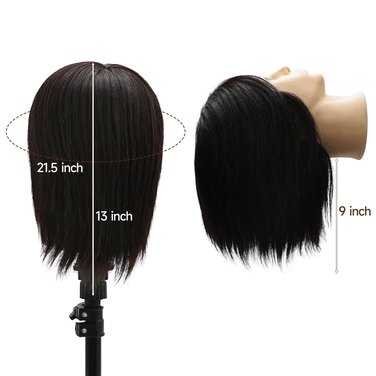 Male Mannequin Head, 8" Barber Mannequin Head, 100% Real Black Hair Head with Table Clamp, Professional Cosmetology Hairdresser Training Doll Manikin Head for Practicing Hair Cutting and Styling