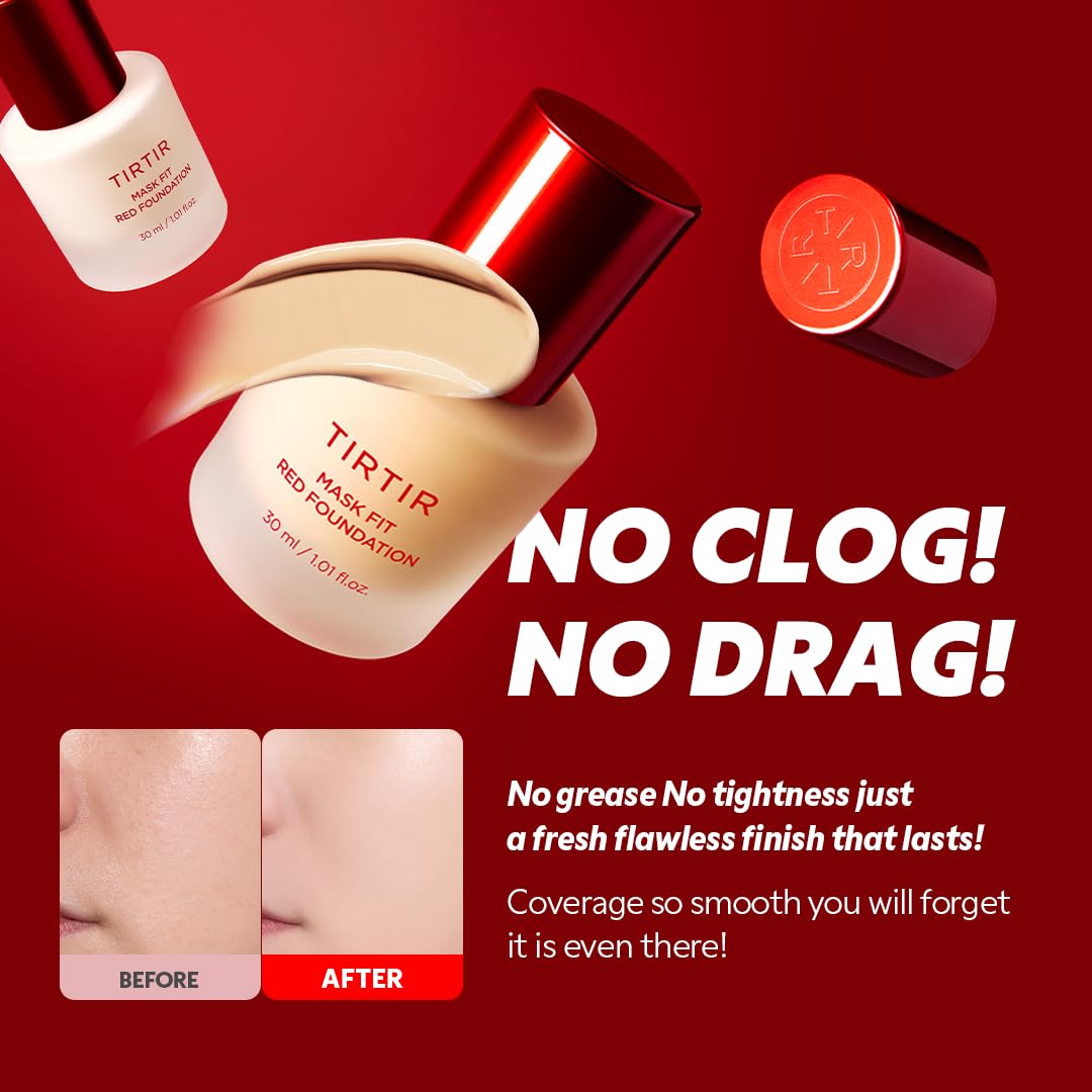 TIRTIR Mask Fit Red Foundation - Long Lasting Flawless Coverage, Hydrating & Pore-Blurring | #21N Ivory, 1.01 Fl Oz