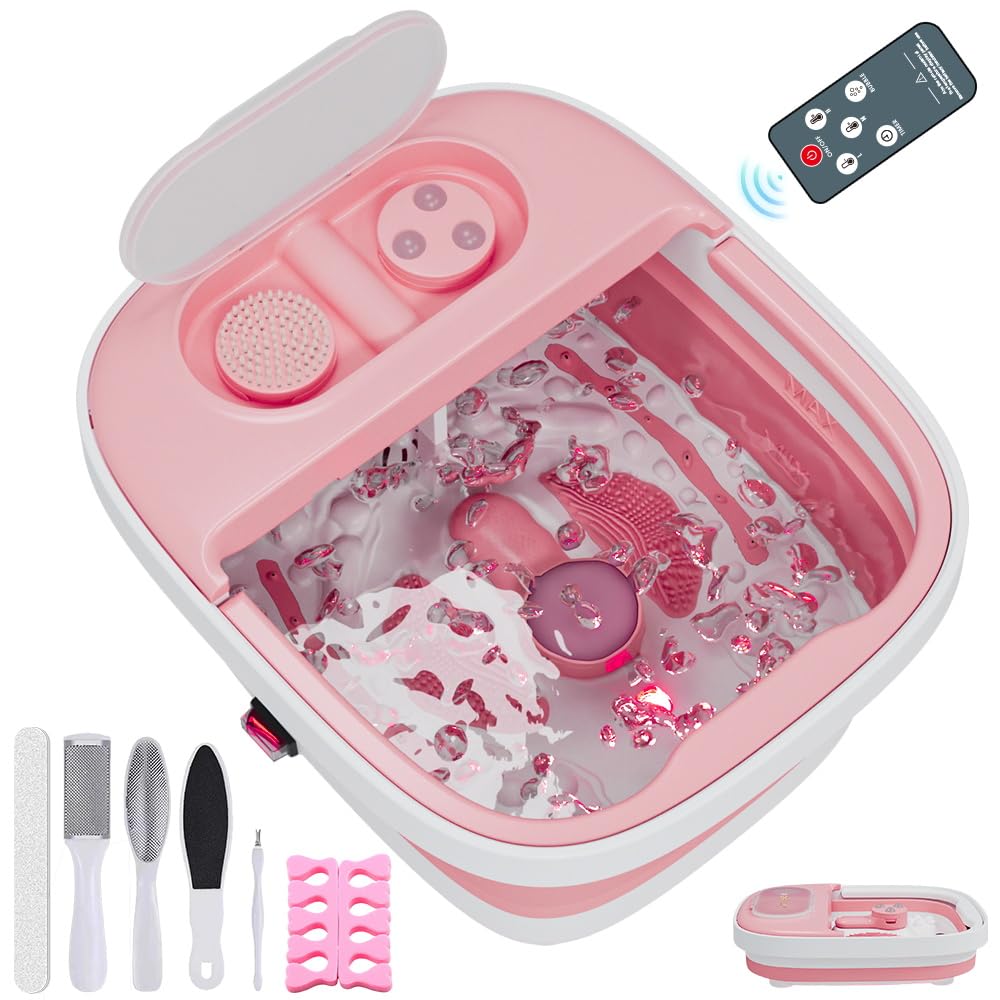 Collapsible Foot Spa Bath Massager - Heated Soaking Tub with Remote & Timer | Includes Pedicure Kit & 3 Attachments (Pink)