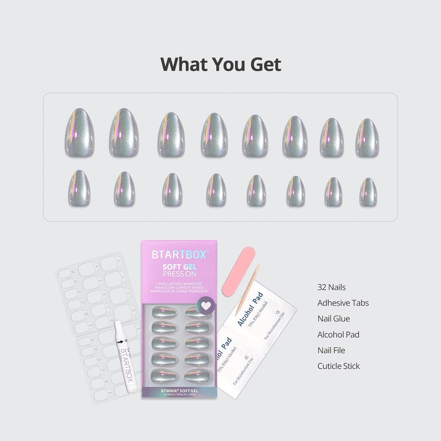 Press On Nails - Chrome Cat Eye Almond Design | 32 Piece Soft Gel Nail Kit in 16 Sizes
