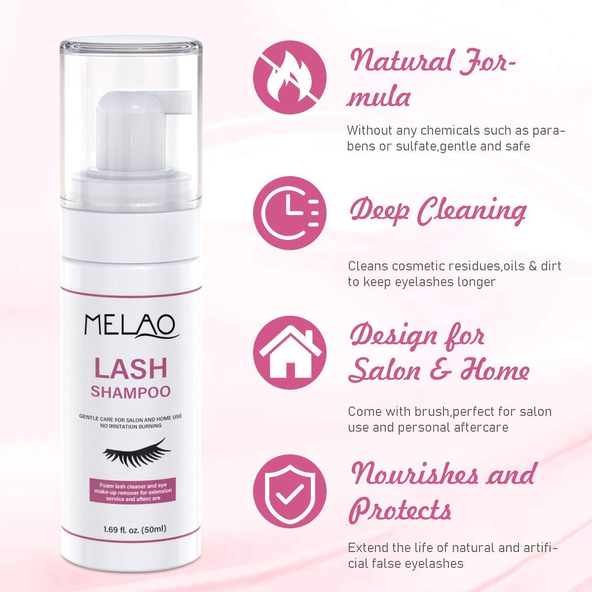 Eyelash Extension Cleanser Eyelid Foaming Cleanser Lash Shampoo for Extensions & Natural Lashes, Oil, Paraben & Sulfate Free, Non-Irritating, Perfect for Salon & Home Use 1.69fl.oz