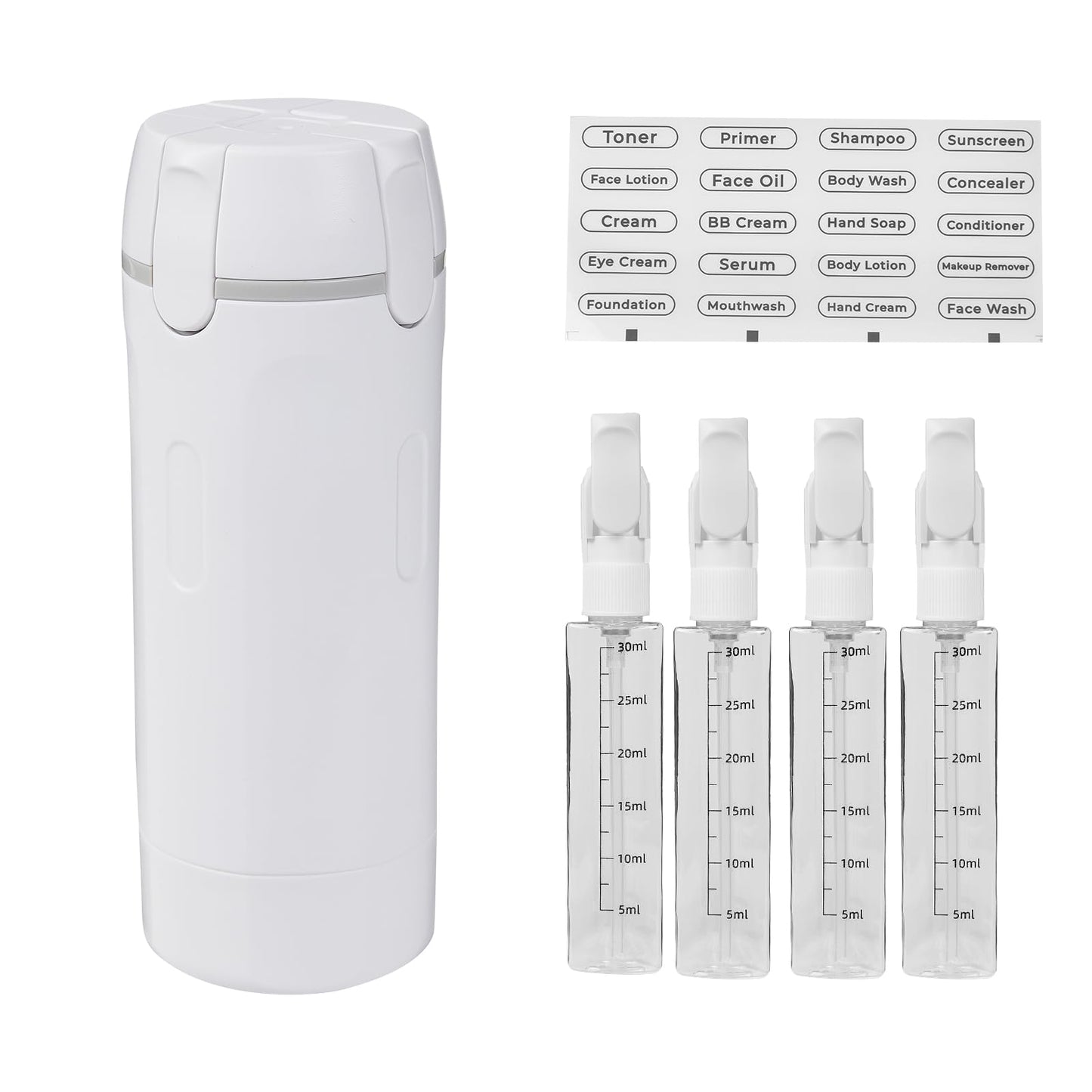 4 in 1 Travel Dispenser Bottle Refillable Leak-Leak Proof and Portable for Shampoo, Conditioner, Shower Gel & Toiletries Perfect for Vacation, Camping & Gym. (White)