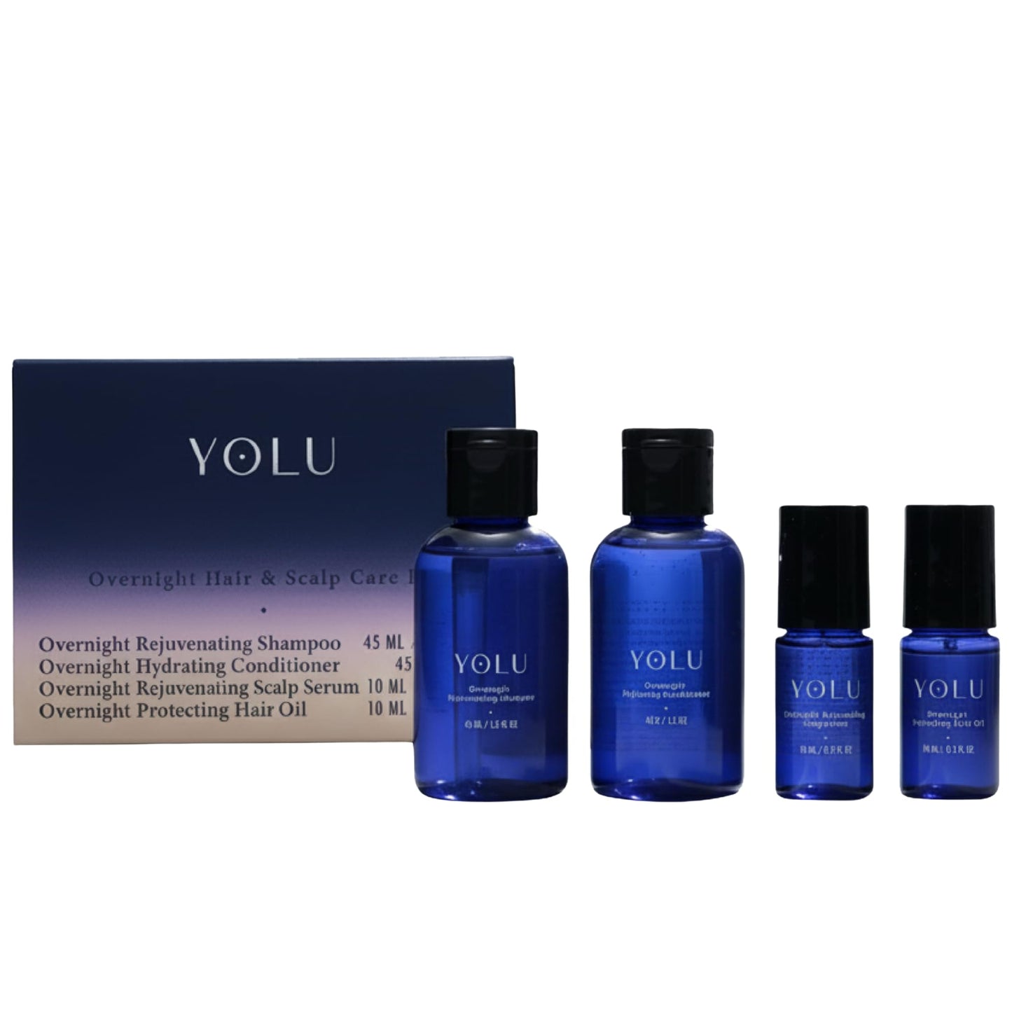 YOLU - Travel Size Hair Care Kit - Japanese Hair Care Starter Kit - Overnight Scalp Serum, Hair Oil, Shampoo & Conditioner - Travel Toiletries - Gift Set for Women - 4 Step System