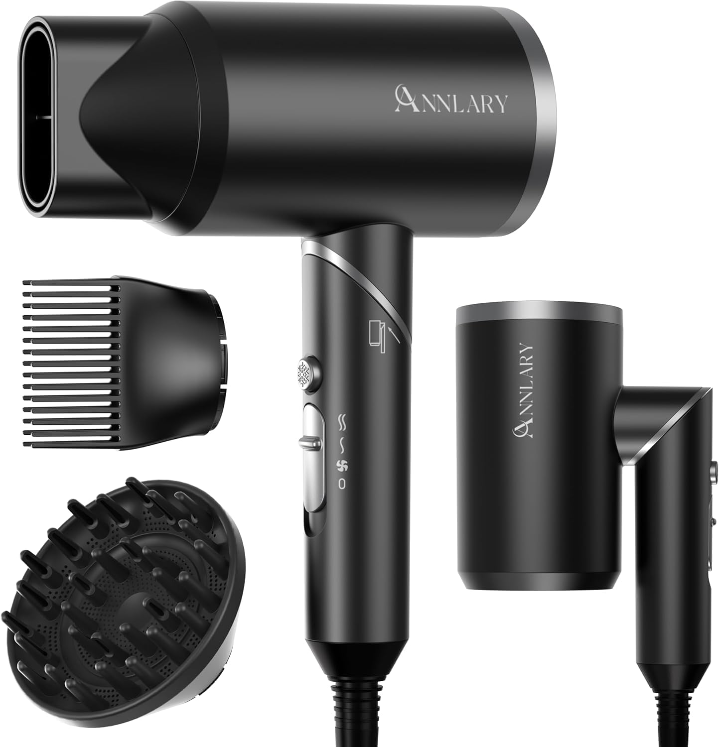 Hair Dryer with Comb - 1800W Ionic Blow Dryer for Curly Hair | Diffuser & Foldable Design | 6.5 ft ALCI Cord