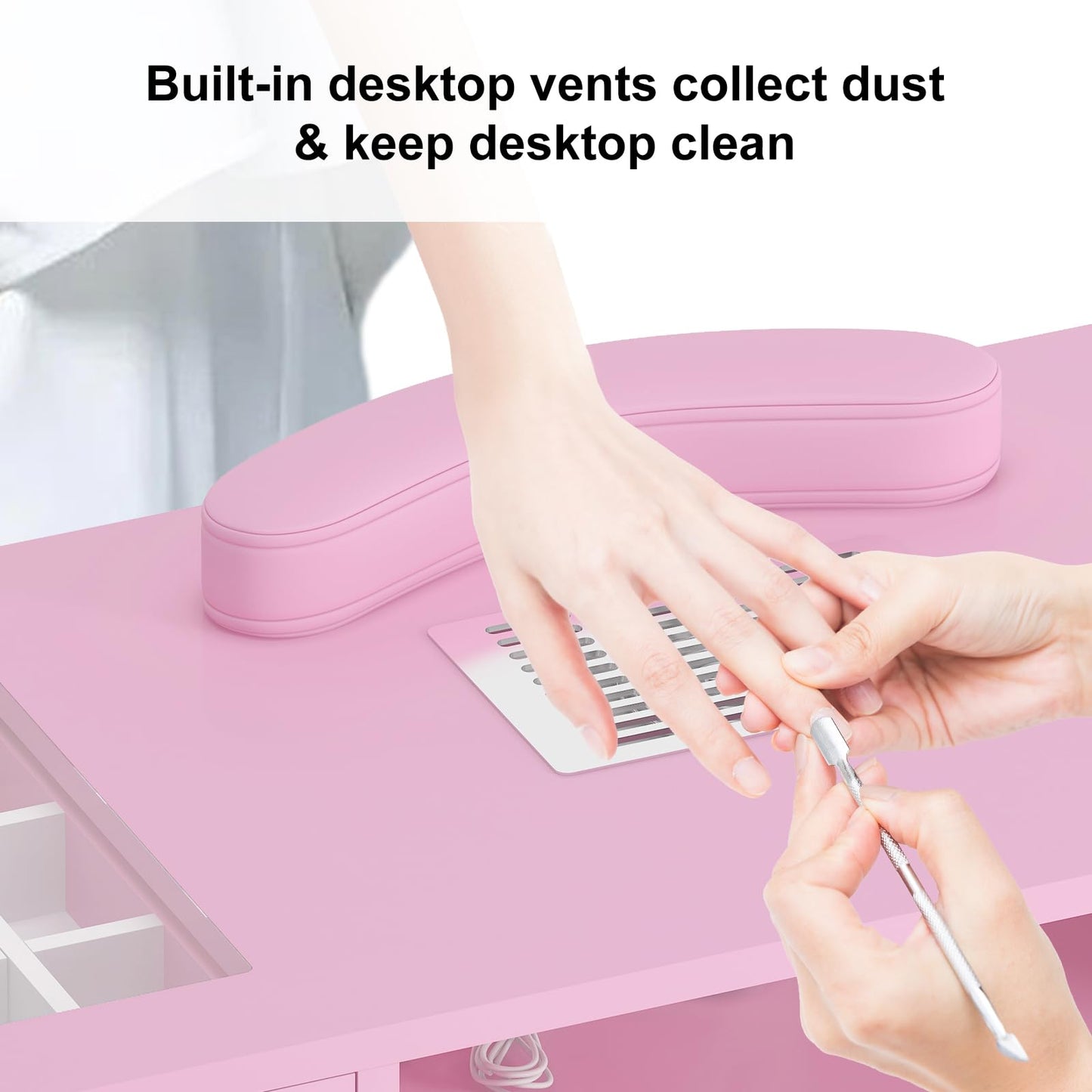 TABU Professional Manicure Table, Large Nail Table for Nail Tech with Pull-Out Drawers& Opening Storage Cabinets, Nail Workstation with Dust Collector, Wrist Cushion, Pink