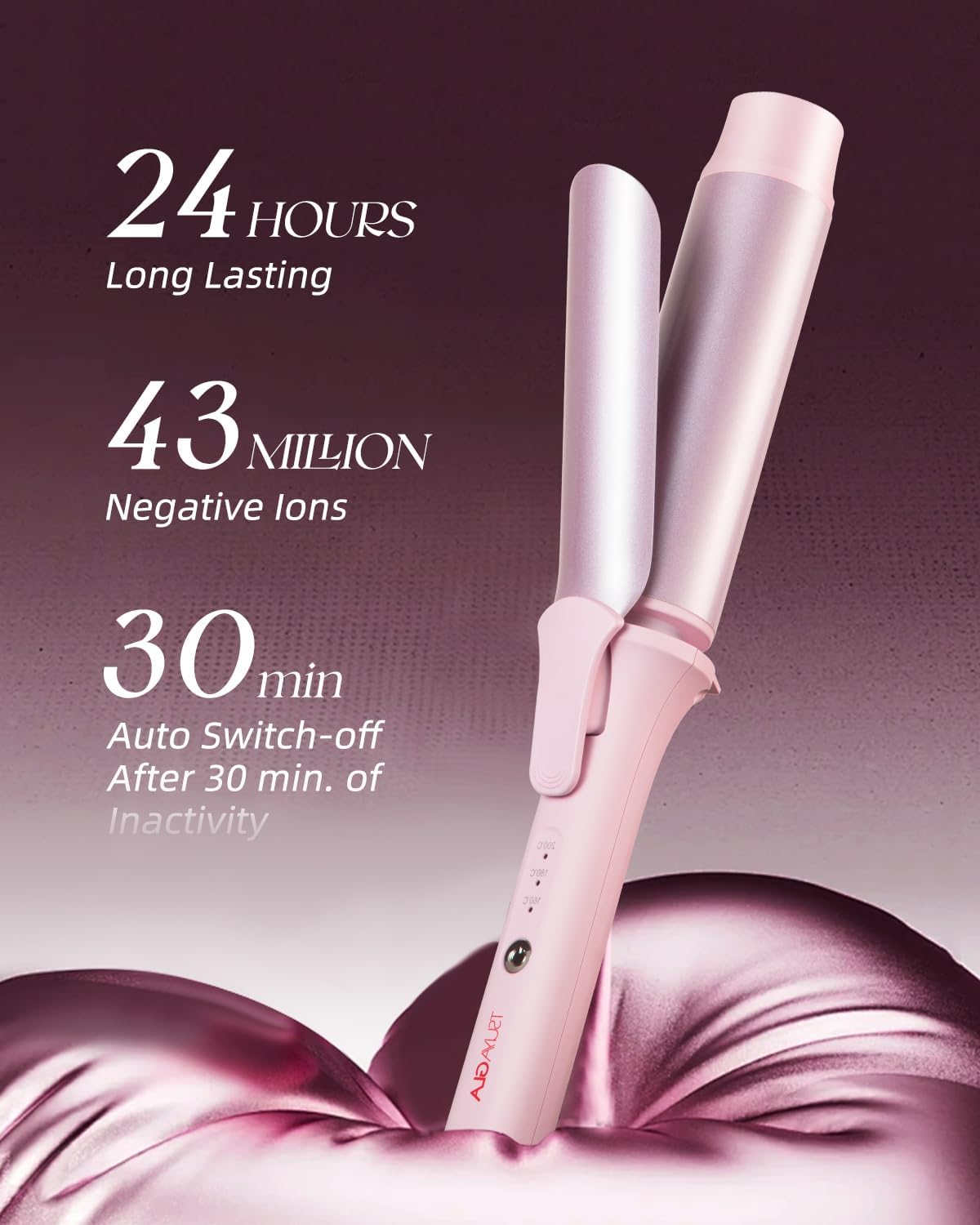 Large Hair Curling Wand - 1.6 Inch Ionic Ceramic Curling Iron with Auto Shut-Off & 3 Temp Settings | Pink