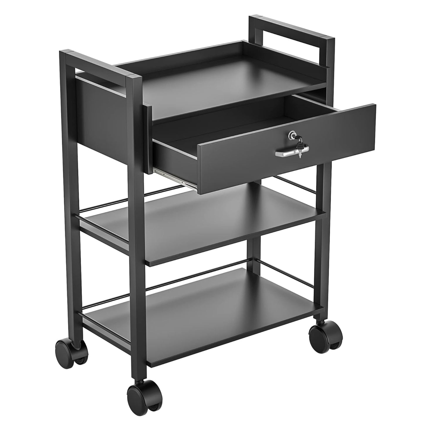 Salon Trolley Cart - Mobile Wooden Utility Cabinet with 1 Drawer & 2 Trays | Rolling Storage Station for Beauty Spa - Black
