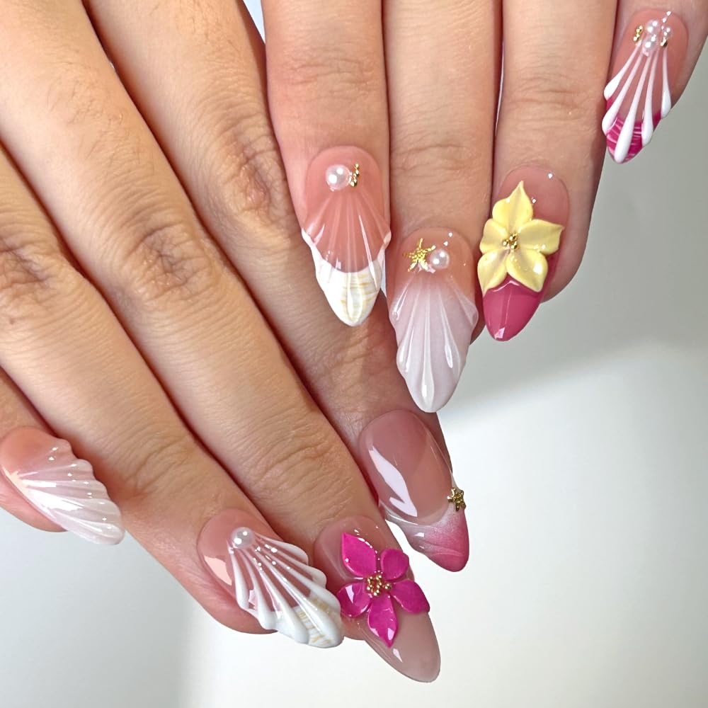 Press On Almond Nails - Handmade 3D Design, Thick Acrylic Gel | Reusable DIY Artificial Nails for Women (10 Pieces)