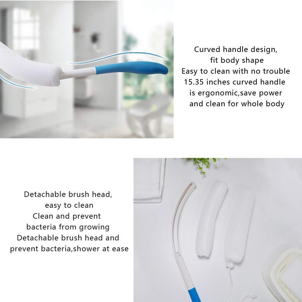 MagiDeal Vinyl Quote Me Long Anti-Slip Curve Handled Bath Body Brush, Easy Reach for Seniors, Suitable for Elderly/Pregnant Aid Bathing & Shower, Blue, 15.35"