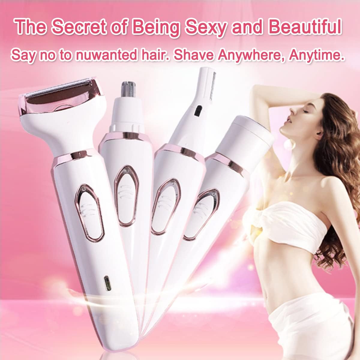 Electric Razor for Women - 4-in-1 Hair Trimmer for Face, Nose, Eyebrows, and Body | Painless Rechargeable Shaver Set