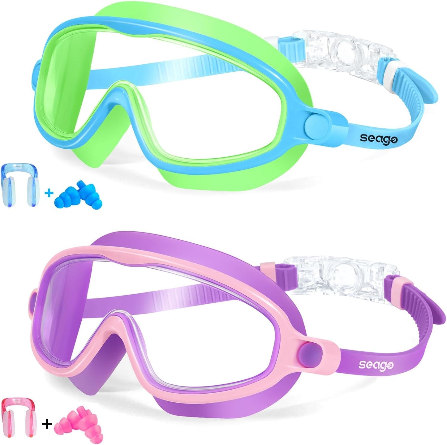 Seago Swim Goggles - Anti-Fog, Anti-UV Wide View for Kids 3-14 | 2 Pack