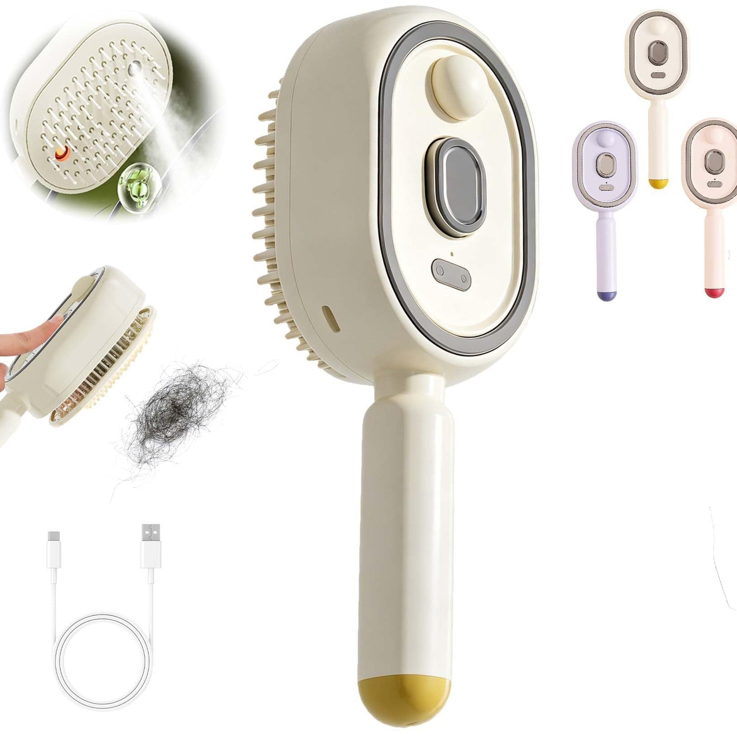 Electric Steam Brush for Hair with Water Spray, Detangling Steam Brush for Short Hair Reduce Frizz, Nourishes Hairs, Anti-Static (Cream)