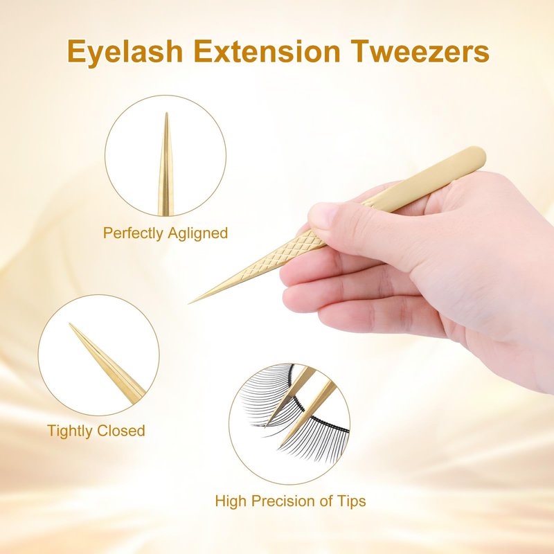 NAGARAKU Precision Fiber Tip Tweezer for Eyelash Extensions Diamond Grip Anti-Static Anti-Slip Premium Gold Stainless Steel Pointed Eyelashes Tweezers with Box(Straight Tip Classic Tweezer AG-03)