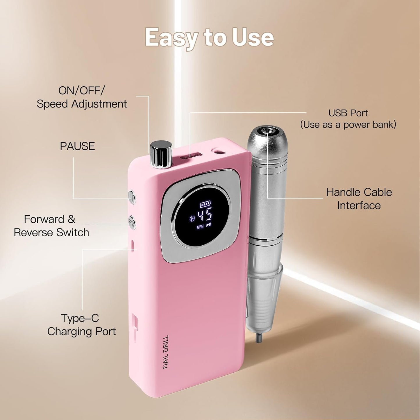 Rechargeable Electric Nail File - 45000RPM Portable Efile Drill Kit | Cordless Nail Drill for Acrylic & Gel Nails, Pink