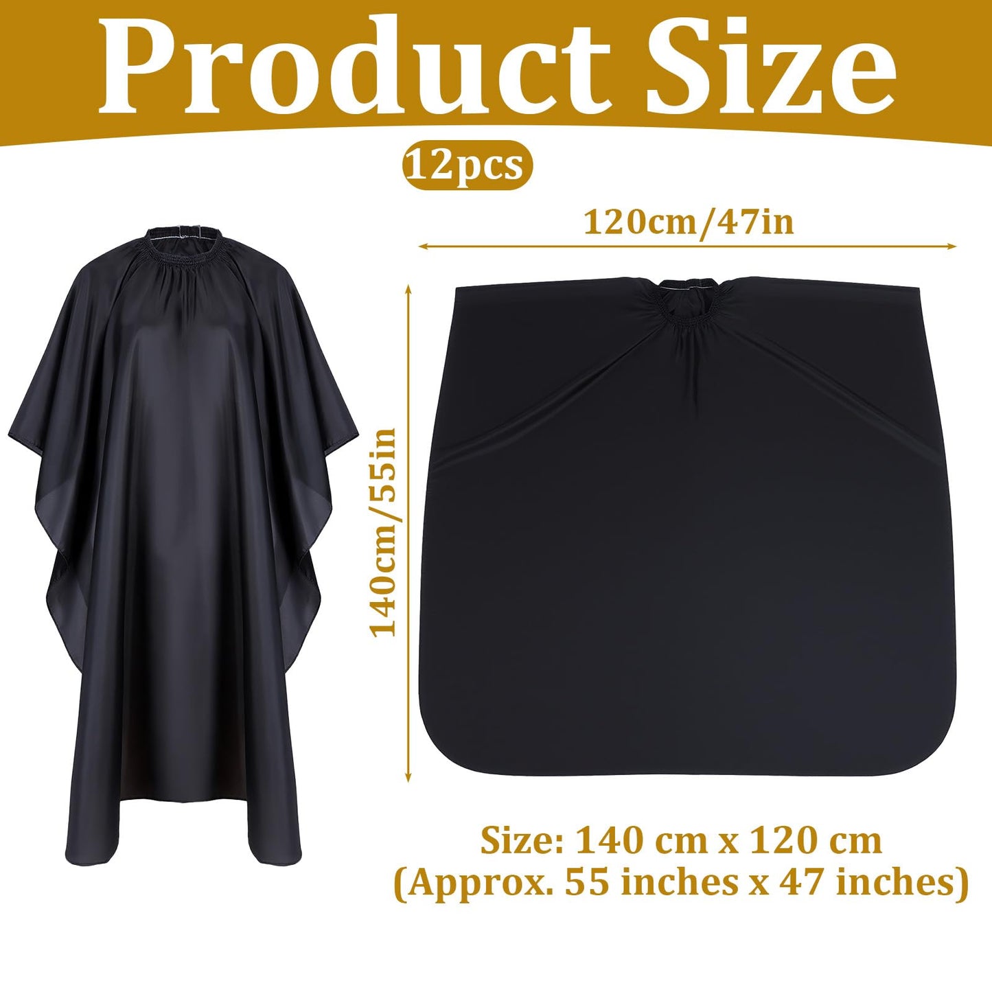 Barber Cape - 12pcs Black Waterproof Hair Salon Cape with Snap Closure, 55" x 47" Large Anti-Static Salon Apron for Professional & Home Haircut, Styling, Dye