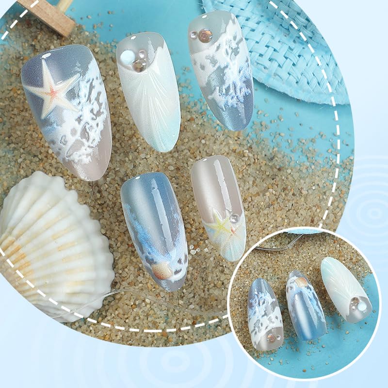 Almond Medium Press-On Nails - 30Pcs Blue Sea French Acrylic Set | 3D Cat Eye Design for Women