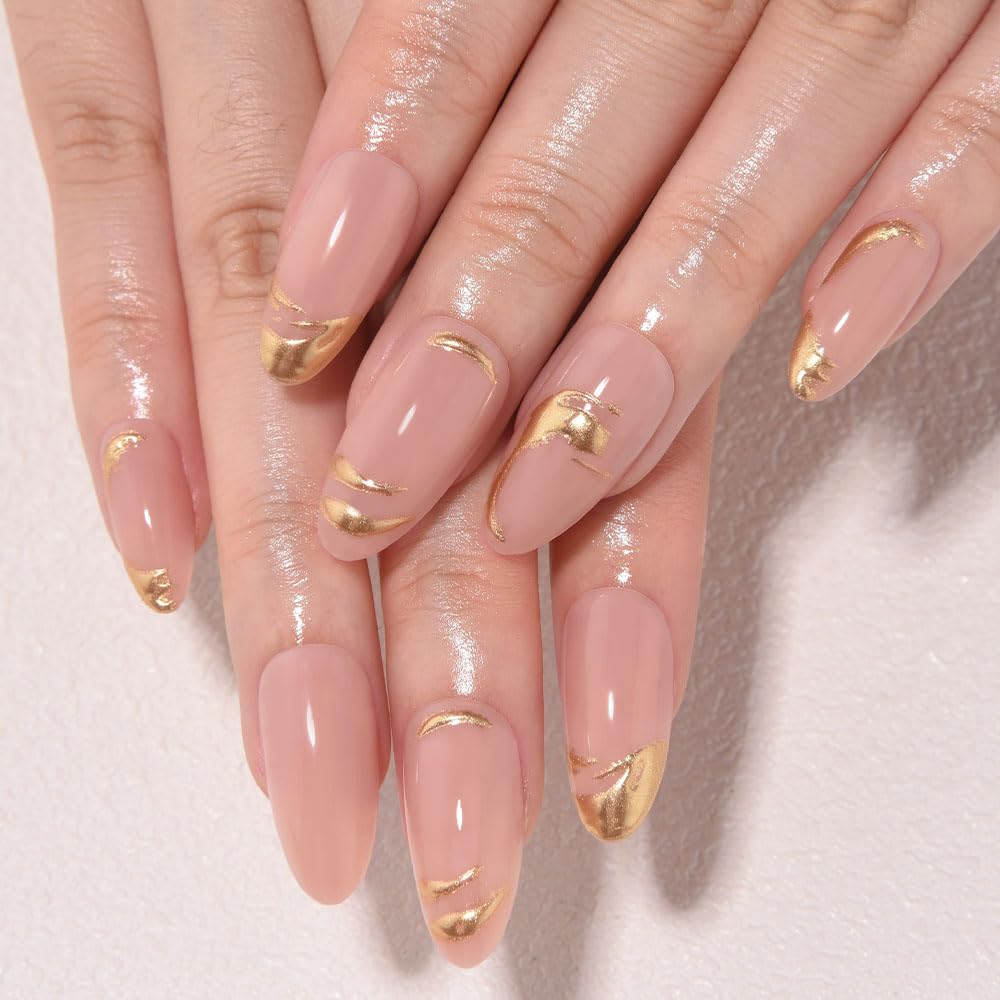 3D Gold Line French Tip Press-On Nails - Short Almond Glitter Light Nude | Handmade Acrylic Nails with 3D Pearl Designs