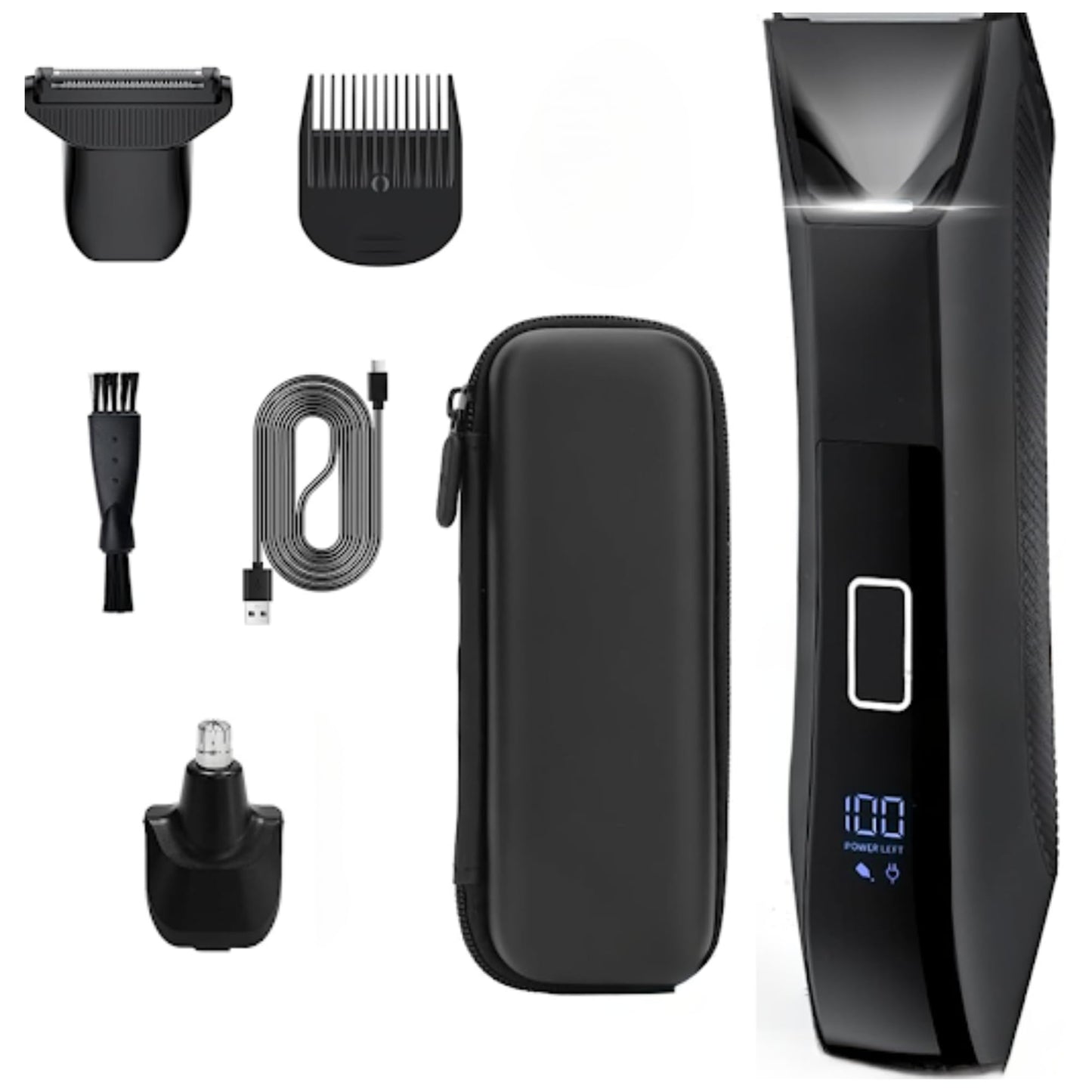 Three-in-One Waterproof Wet/Dry Groomer with Travel Case and Travel Lock, Black, LED Display, Ball Foil Shaver, Nose Hair Clippers, and Groin & Body Hair Trimmer by Paradise Bliss, Black