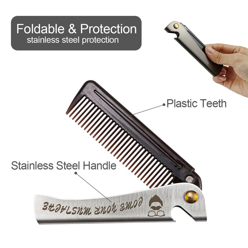 Foldable Stainless Steel 2 in 1 Pocket Comb and Bottle Opener - Folding Beard Comb for Men, 2 Pack